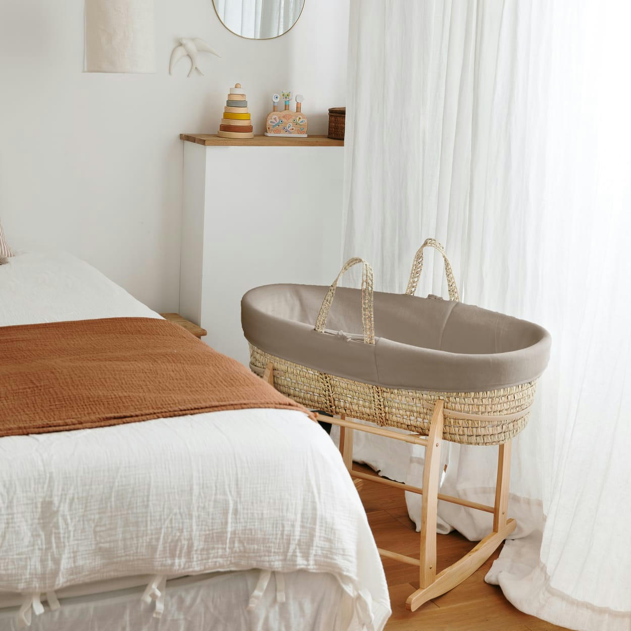 - Couffin avec Support Bois - Habillage Noisette en Coton Bio