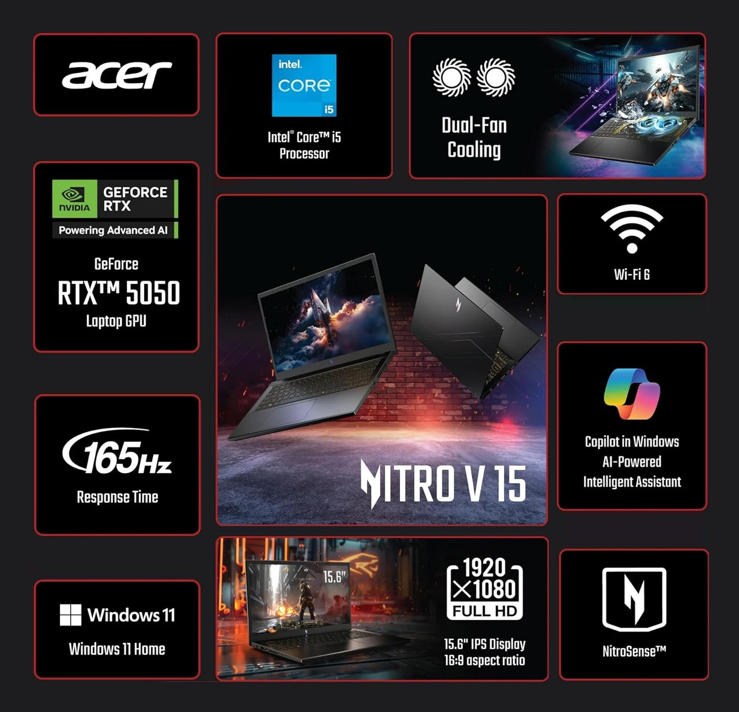 acer Nitro V 15.6” FHD IPS 165Hz Gaming Laptop  Intel Core i5-13420H  NVIDIA GeForce RTX 5050 with 8GB GDDR7 VRAM  Win11H  w/Mouse pad (16GB RAM  512GB PCIe SSD)