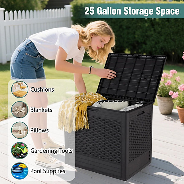 Coffre de Jardin Exterieur Etanche 96L, Verrouillable Vérin à Gaz, Poignée, Banc Pouf 1 Personnes,Charge 80KG (Marron,58x44x54CM)