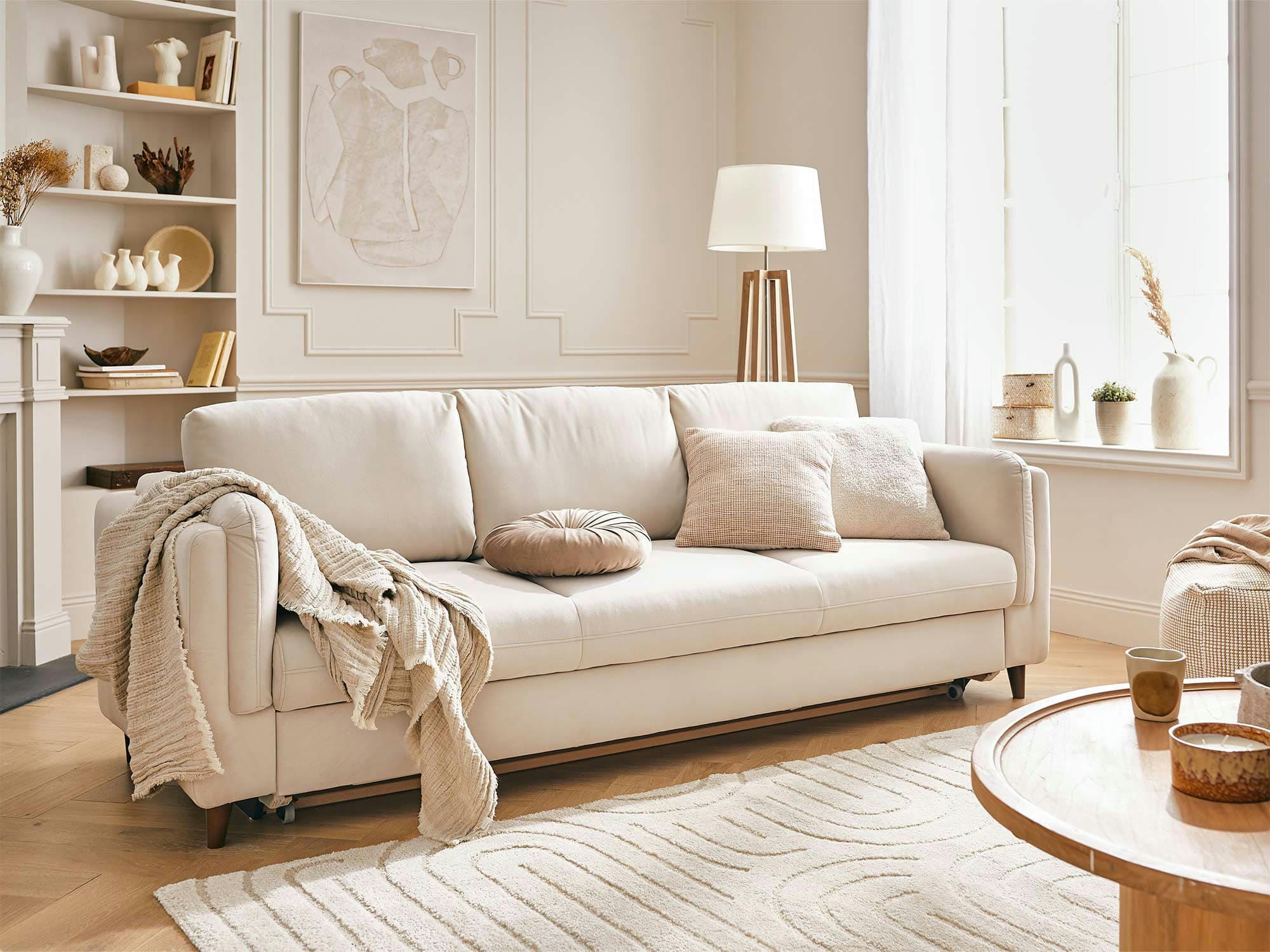 BROOKE - Canapé droit convertible 3 places en velours beige