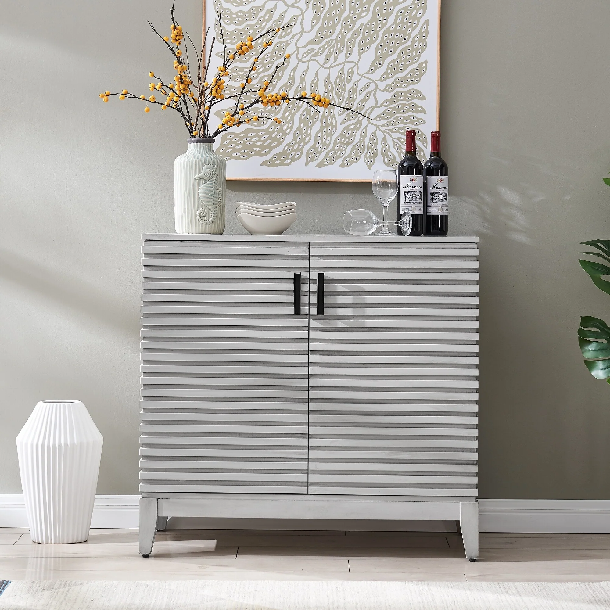 Morden Fort Wood Sideboard Storage Buffet Cabinet with 3D Stripes Doors