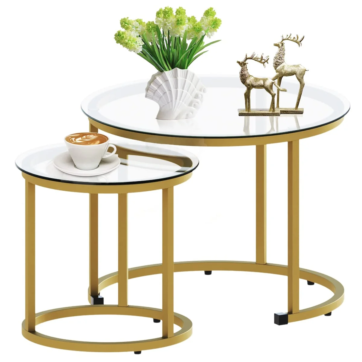 Nesting Coffee Glass Table Set of 2, Metal Freme Side End Tables Modern Industrial Simple, 23.6D x 23.6W x 17.7H in