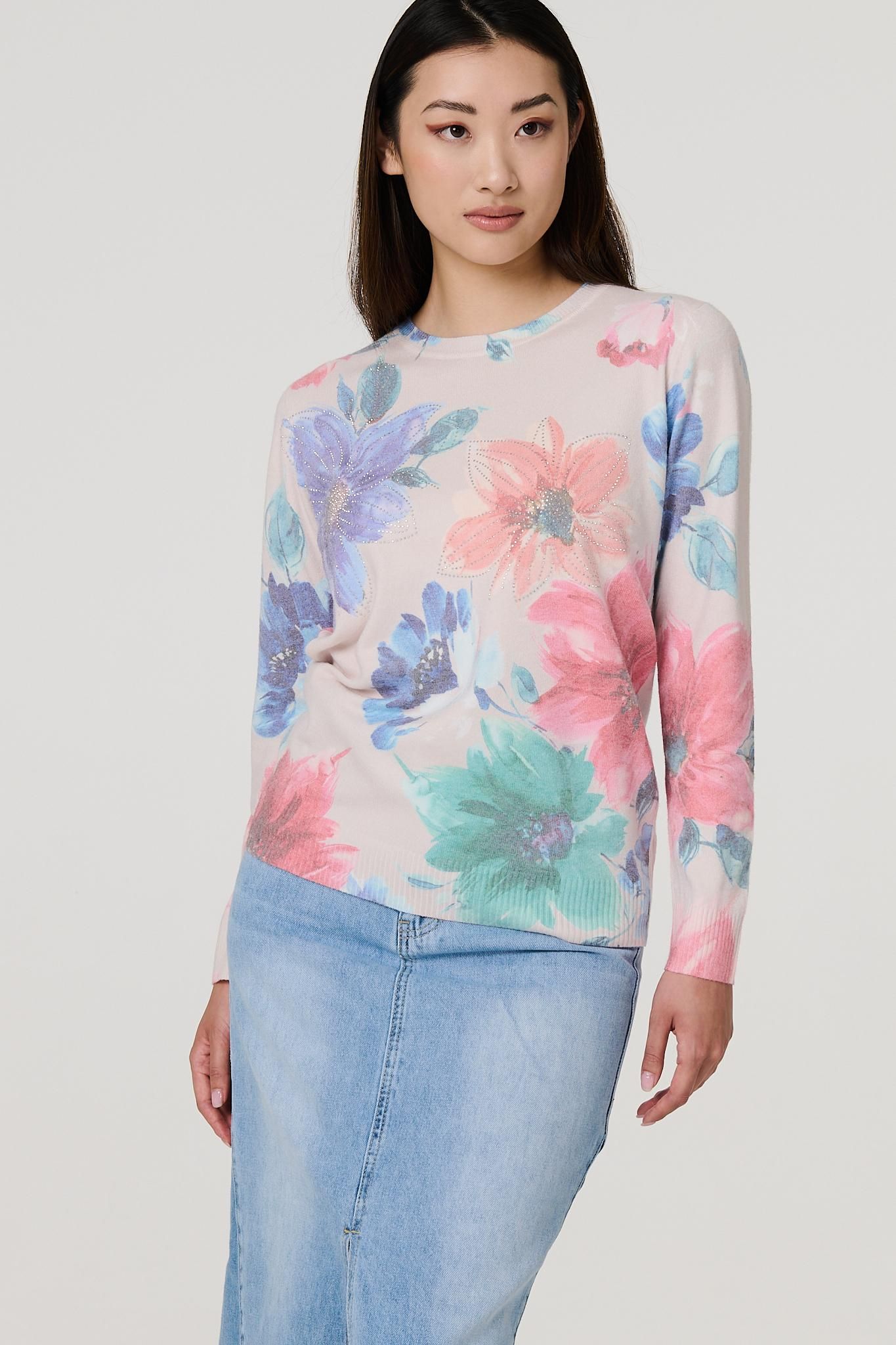 Izabel London Floral Diamante Detail Long Sleeve Jumper