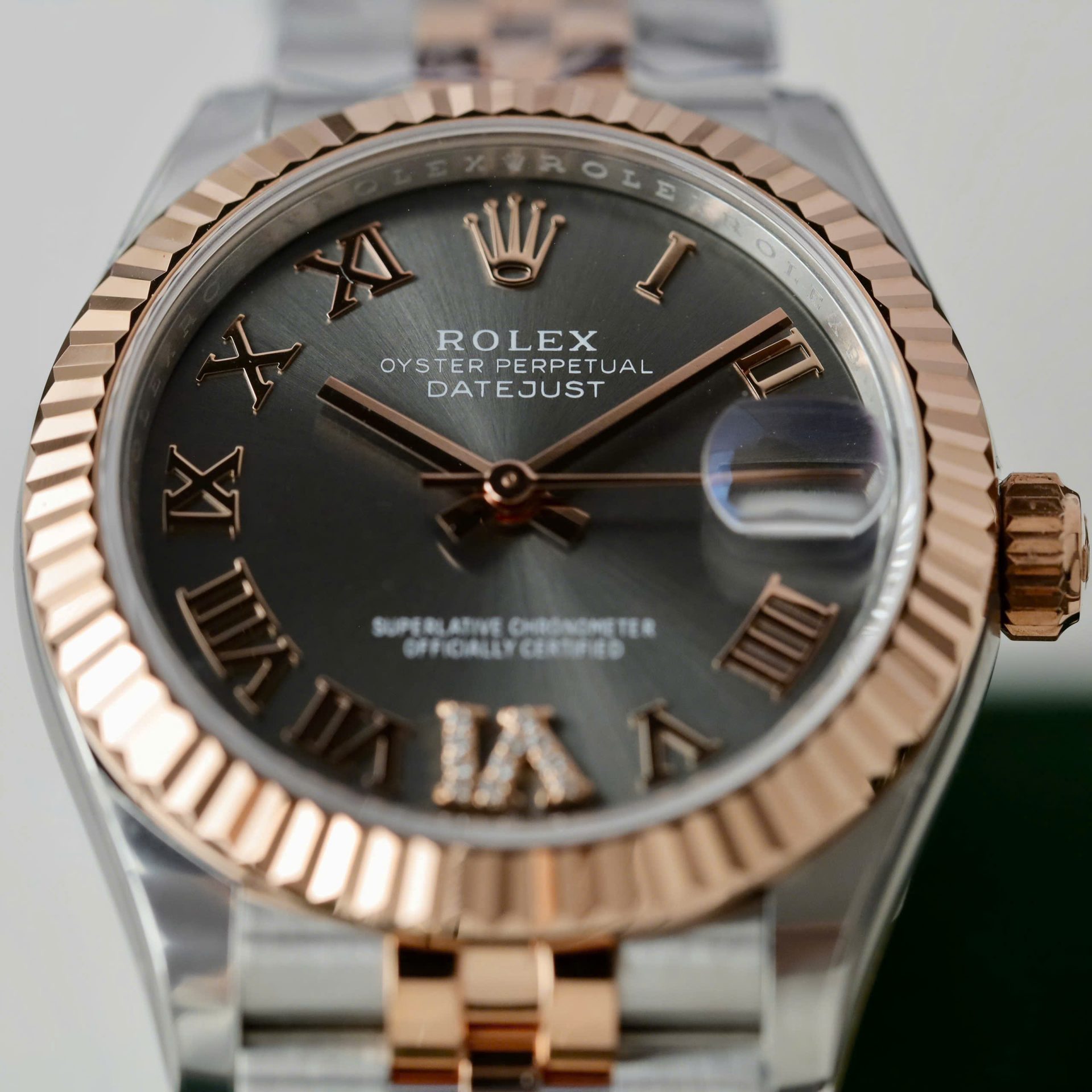 Rolex Datejust SS/RG Plated Grey Dial CZ Diamonds 31mm Jub THBF Replica