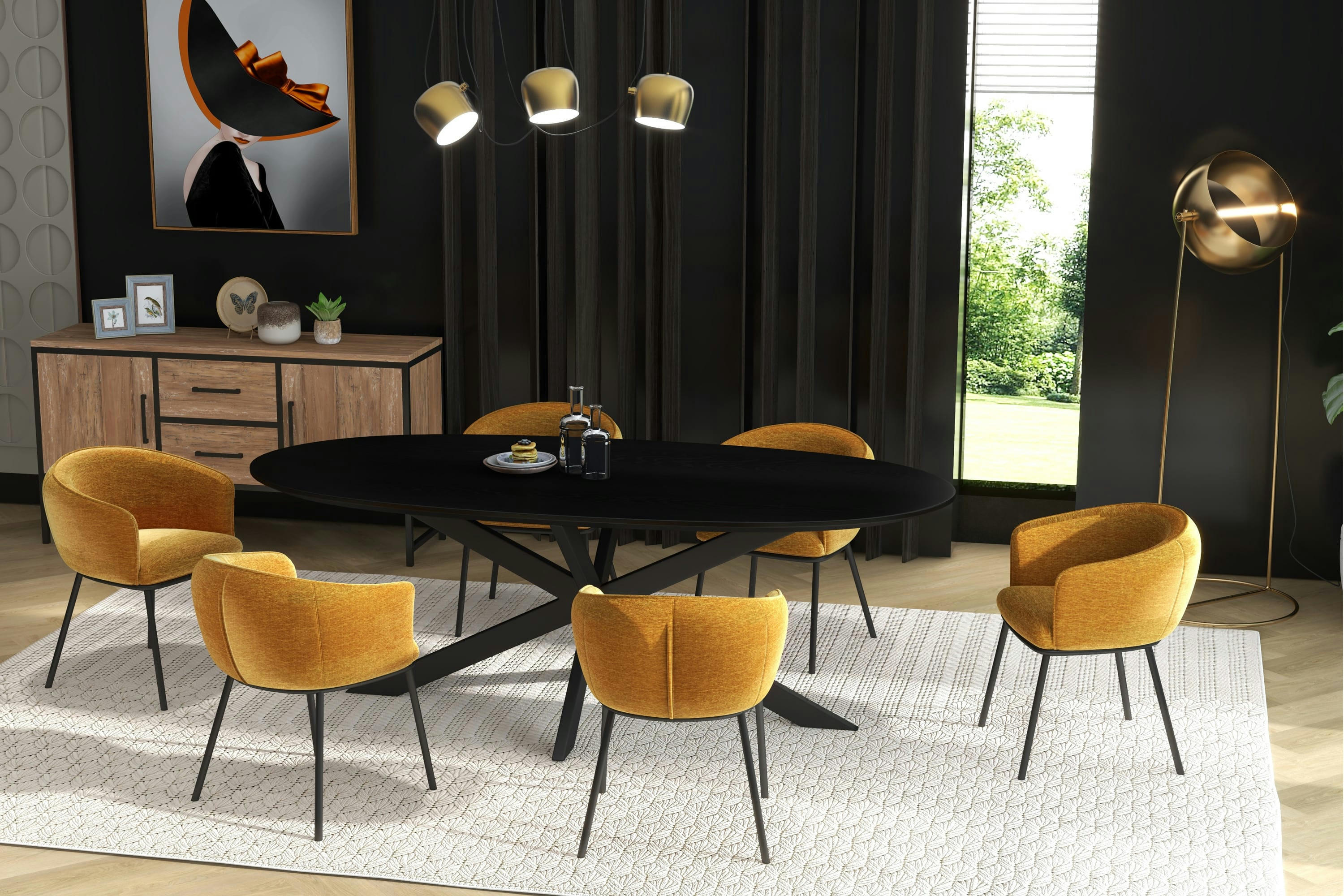 ALVIN - Fauteuil de table en tissu chenillé Moutarde et métal noir