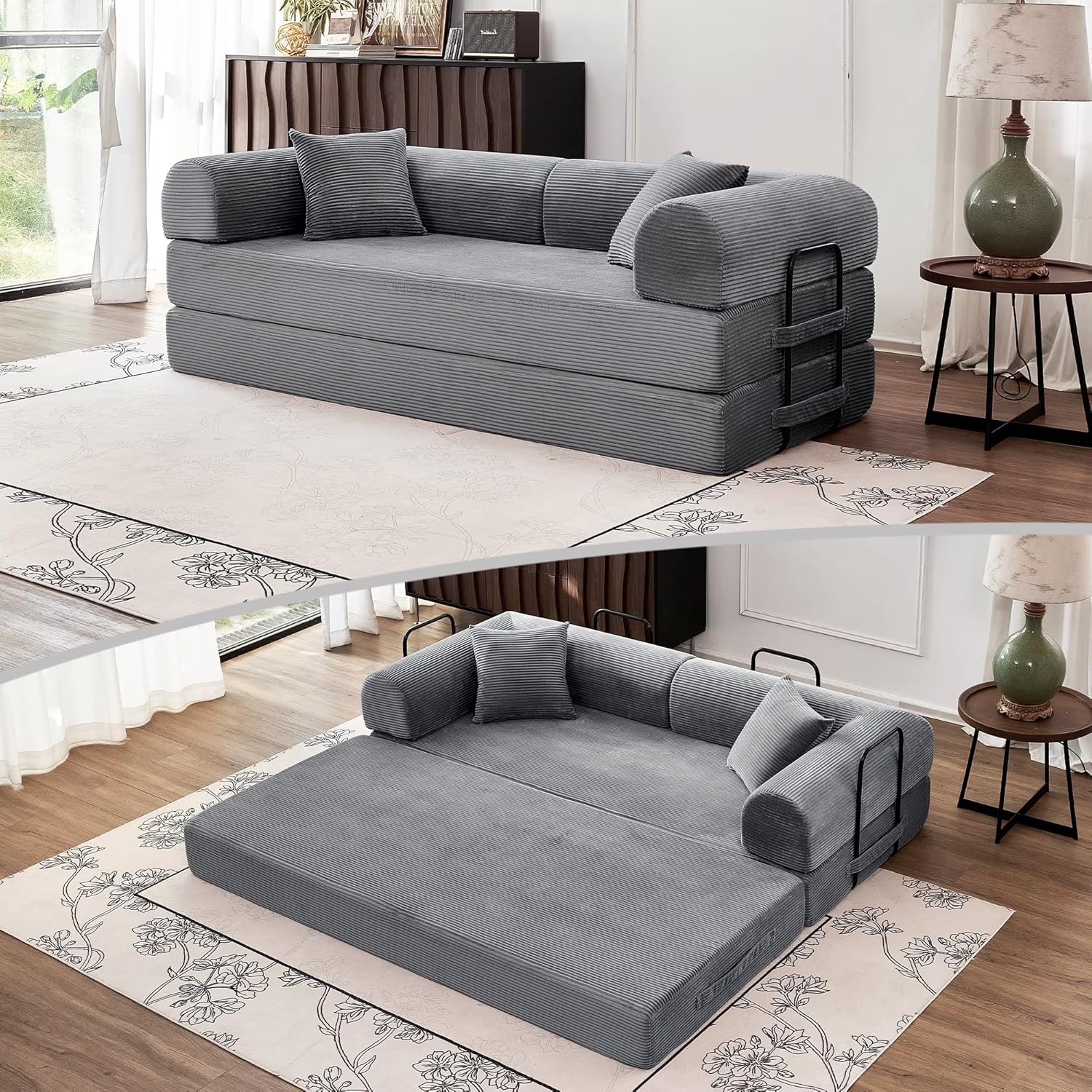 79'' Convertible Couch Bed, 5 in 1 Modular Floor Sofa, Folding Sleeper Couch with Pull Out Bed and Cushions, Corduroy Sofa for Small Spaces Living Room Bedroom Apartment Guest Room (Dark Gray) | No Assembly, Convertible Sofa, Space-Saving