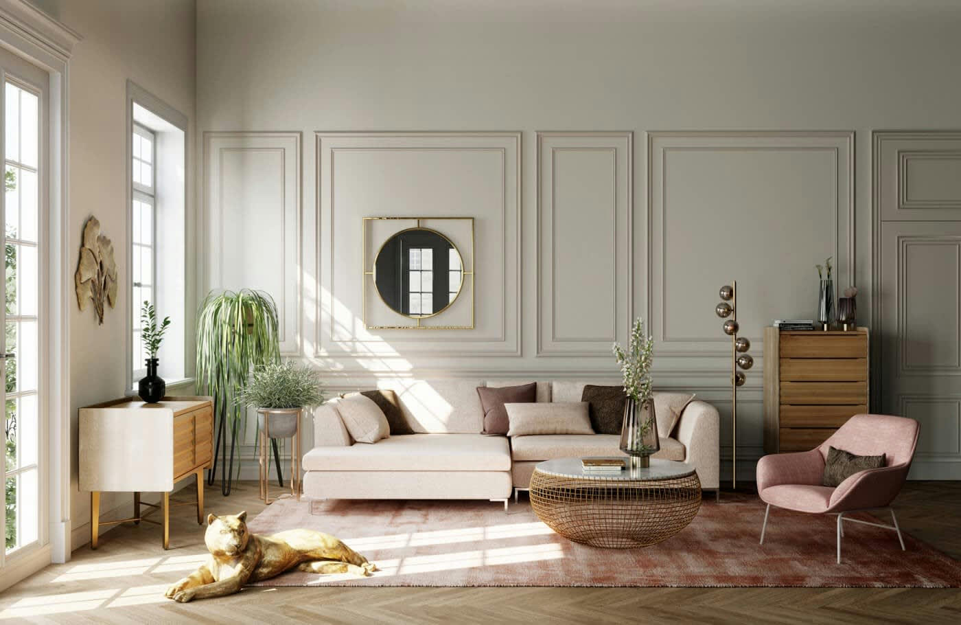 STANFORD - Miroir rond cadre carré en acier doré 90x90