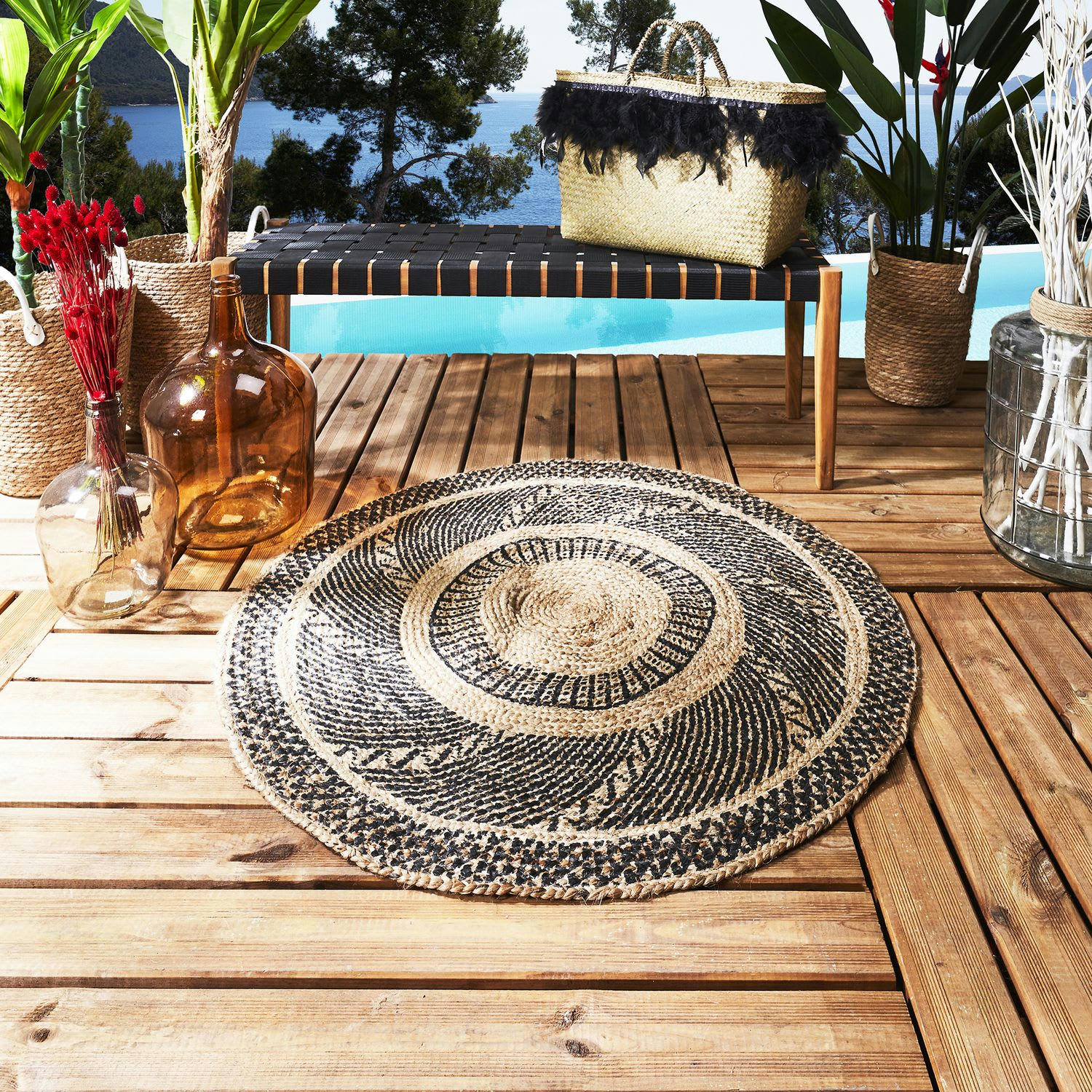 - Tapis rond en jute nude imprimé noir d. 90 cm