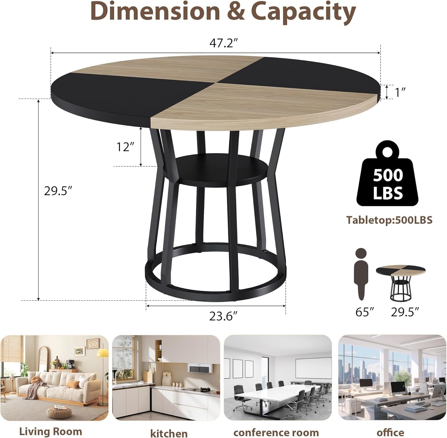 GarveeHome 47 Inch Round Dining Table with Storage Shelf, Farmhouse Circle Kitchen Table for 4-6, Space-Saving Wood Top, Metal Legs, for Kitchen, Dining & Living Room, Apartment, Table Only-Black Wood