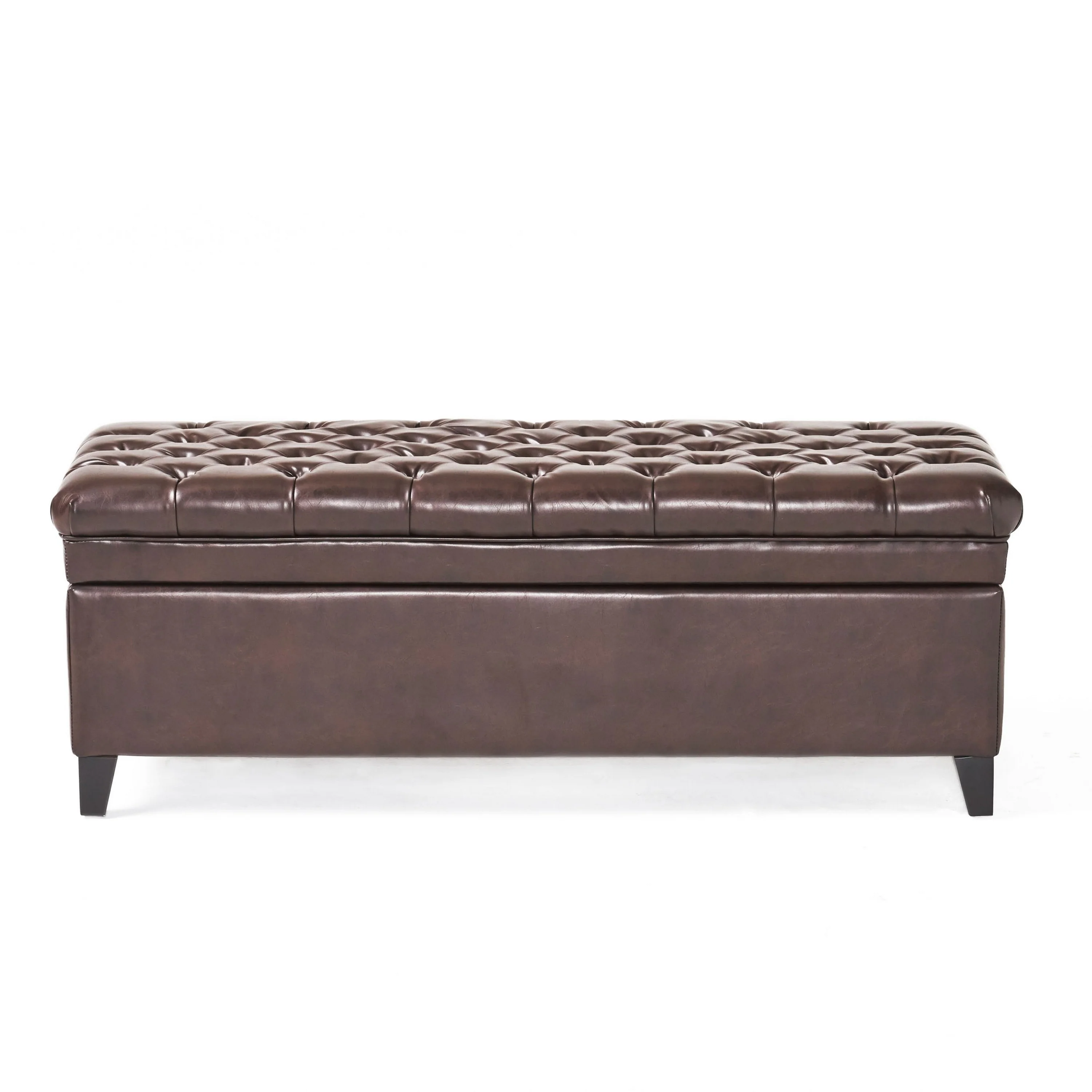 Rhya Storage Ottoman Bench, Brown Faux Leather, Black Wood, 50 Inch
