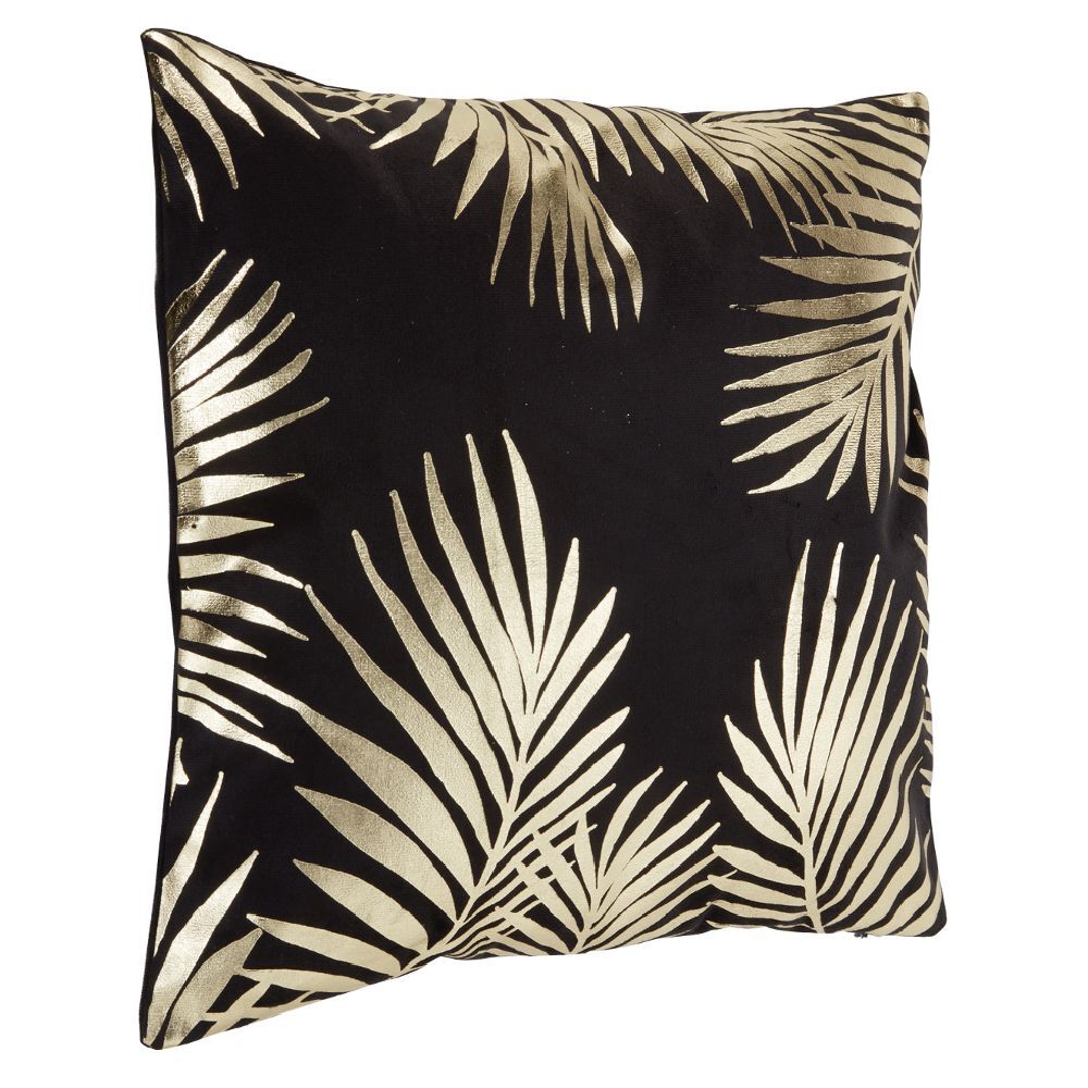 Housse de coussin imitation velours 40x40cm noir motif doré