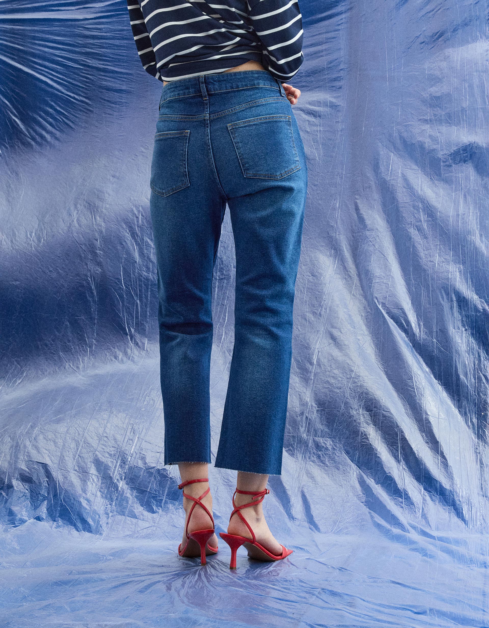 Calças de Ganga 'Cropped Flare', Mulher, Azul Escuro
