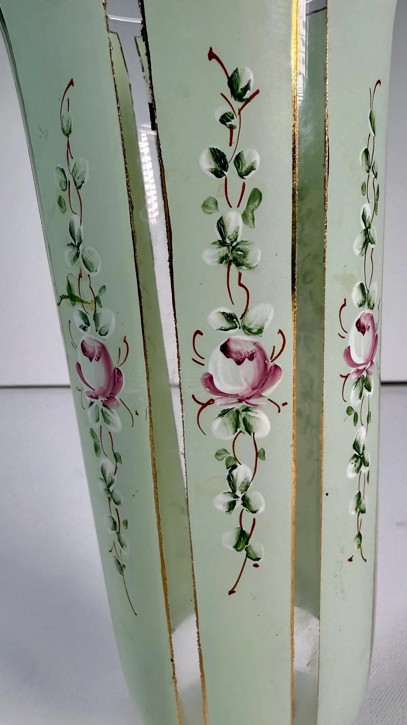 Vintage Bohemian Czech Art Glass Vase, Hand Painted Pink Roses, Pale Green Gold Gilt, Mid Century European Decor