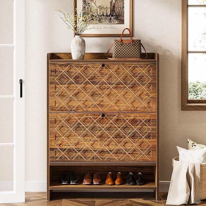 Farmhouse Shoe Storage Cabinet with 2 Flip Drawers for Entryway