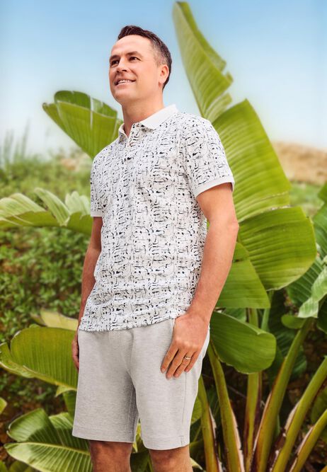 Mens White Sketch Print Cotton Polo Shirt