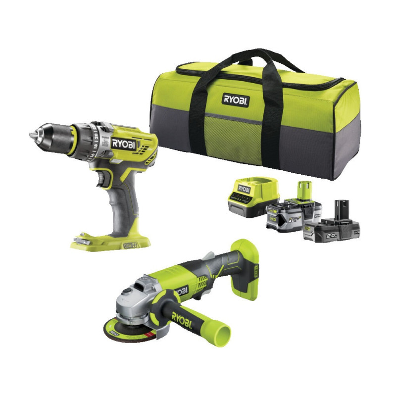 Pack perceuse visseuse à percussion et meuleuse d'angle sur batterie 4 Ah et 2 Ah 18 V RYOBI