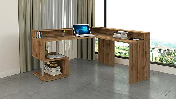 Bureau Sansone, Bureau d'angle avec étagères de rangement, Bureau polyvalent avec plateau, 180x60h93 cm, Chêne