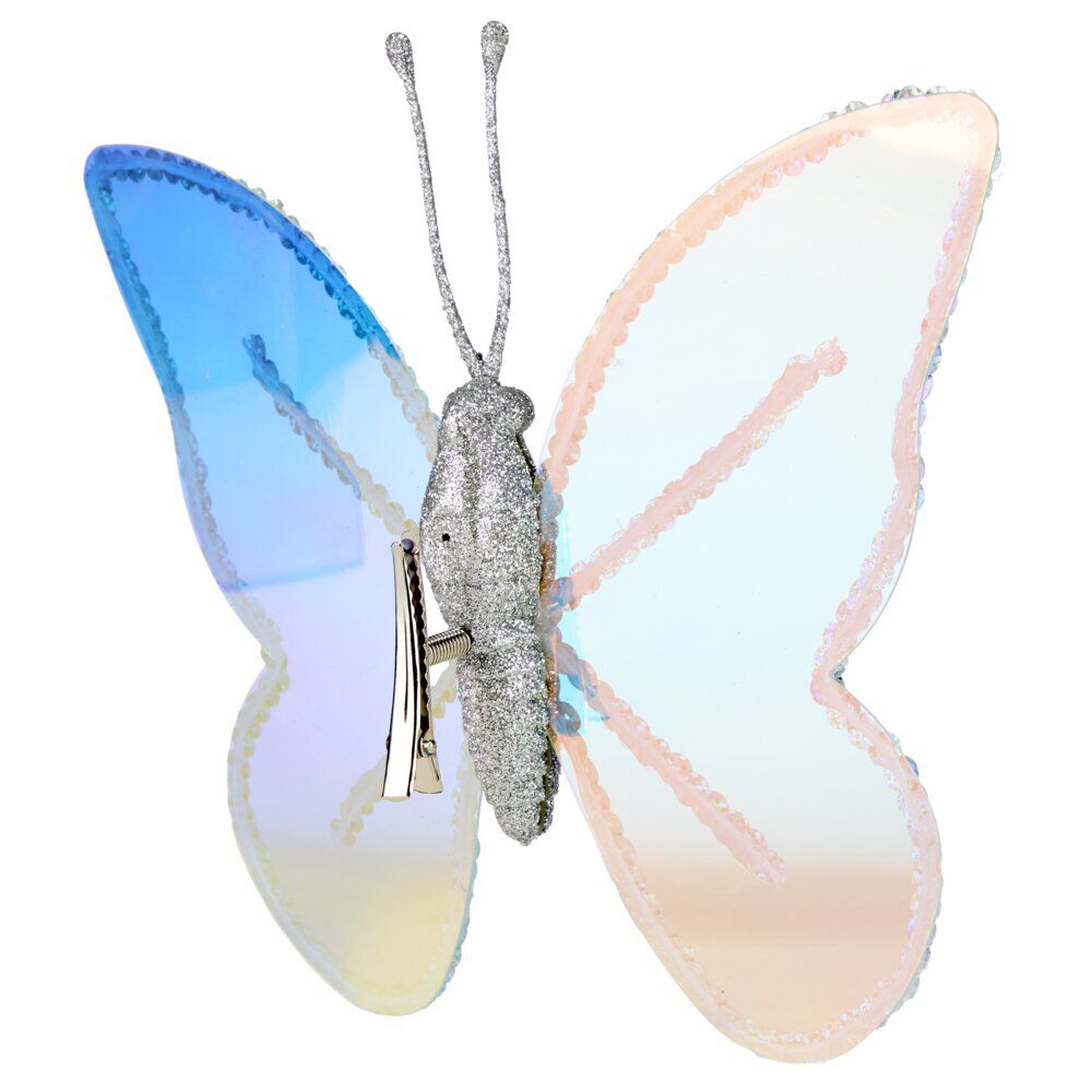 Papillon irisé bleu à clipser 17X20cm