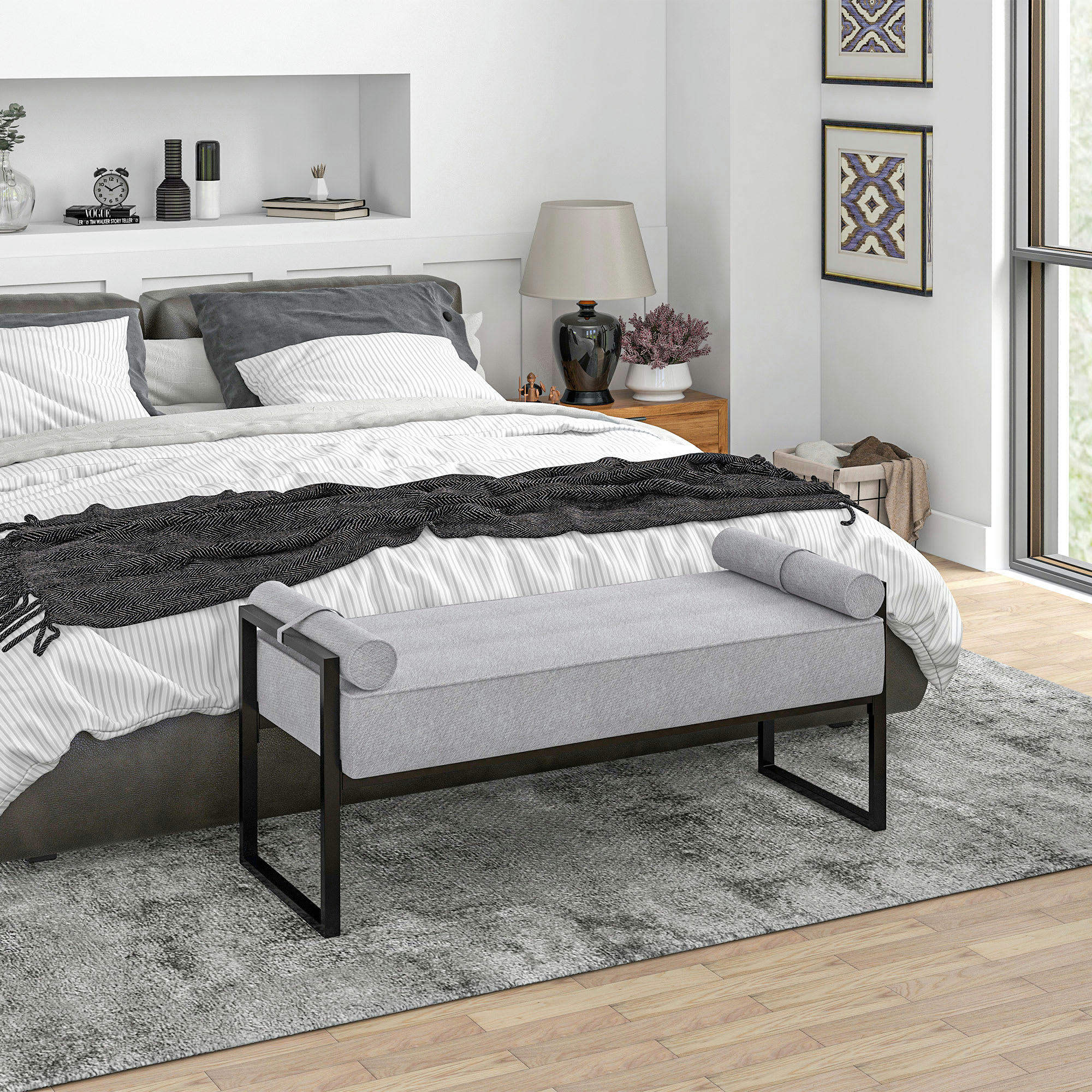 - Banquette contemporaine 2 coussins traversins acier noir tissu gris