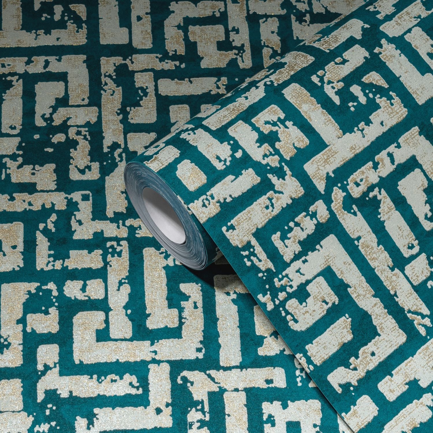 Livingwalls behang geometrische vormen petrolblauw, goud en zilver - 53 cm x 10.05 m - AS-386953