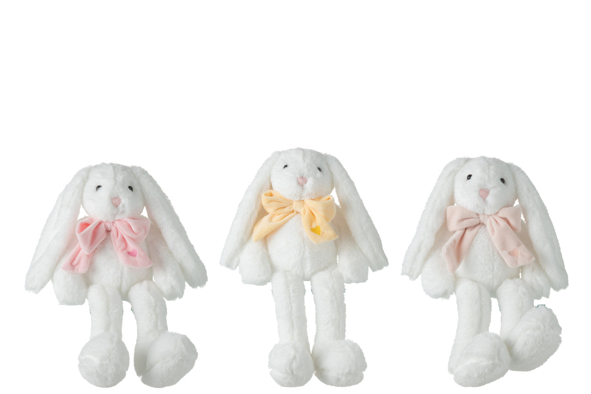 J-Line knuffel Konijn met Strik - polyester - wit - 3 st.