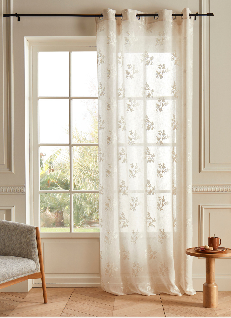 VOILAGE BRODÉ MOTIFS BOUQUETS ÉCRU