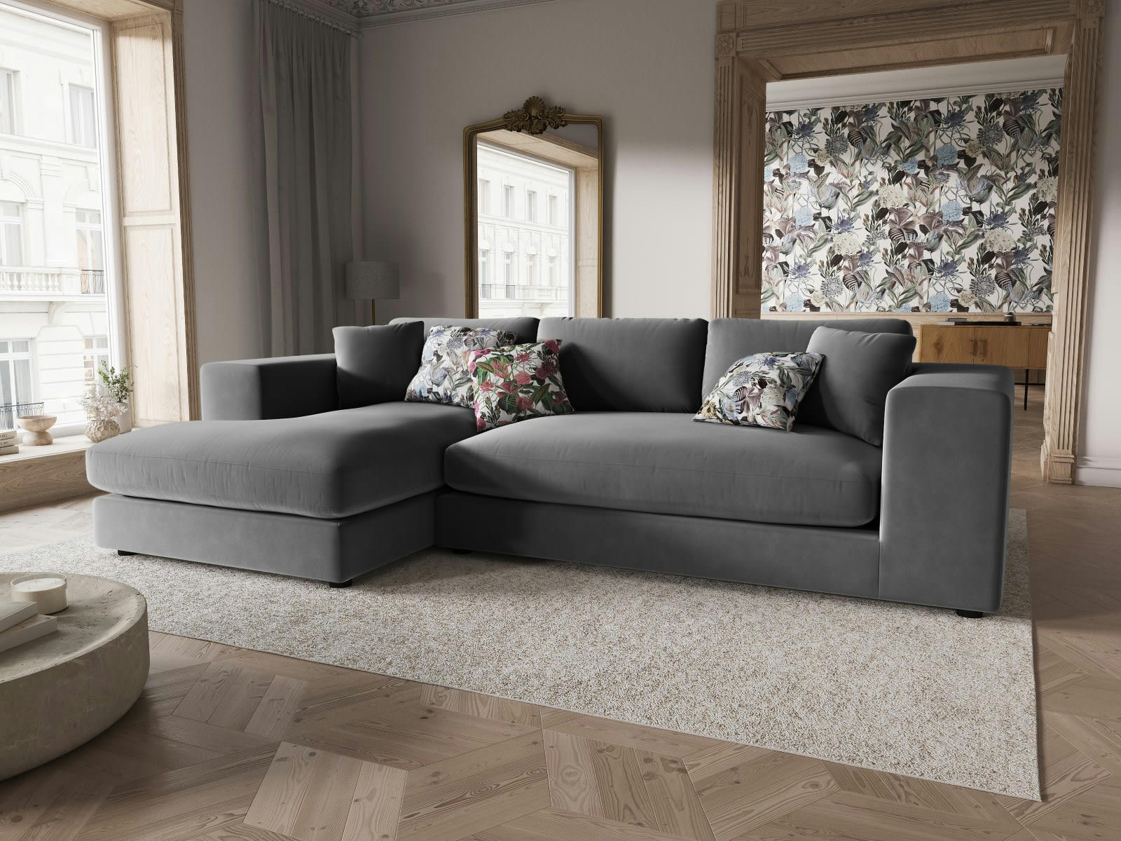 TENDANCE - Canapé D'Angle Gauche 5 places en Velours Gris