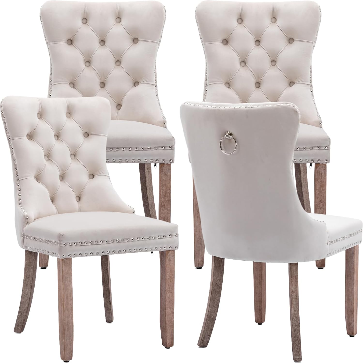 Beige Velvet Dining Chairs Set of 4, Kitchen & Dining Room Chairs, Fabric Tufted Dinning, Velvet Upholstered, High Wing Back, Pull Ring, Wood Frame, Mid Century Modern, Sillas de Comedor