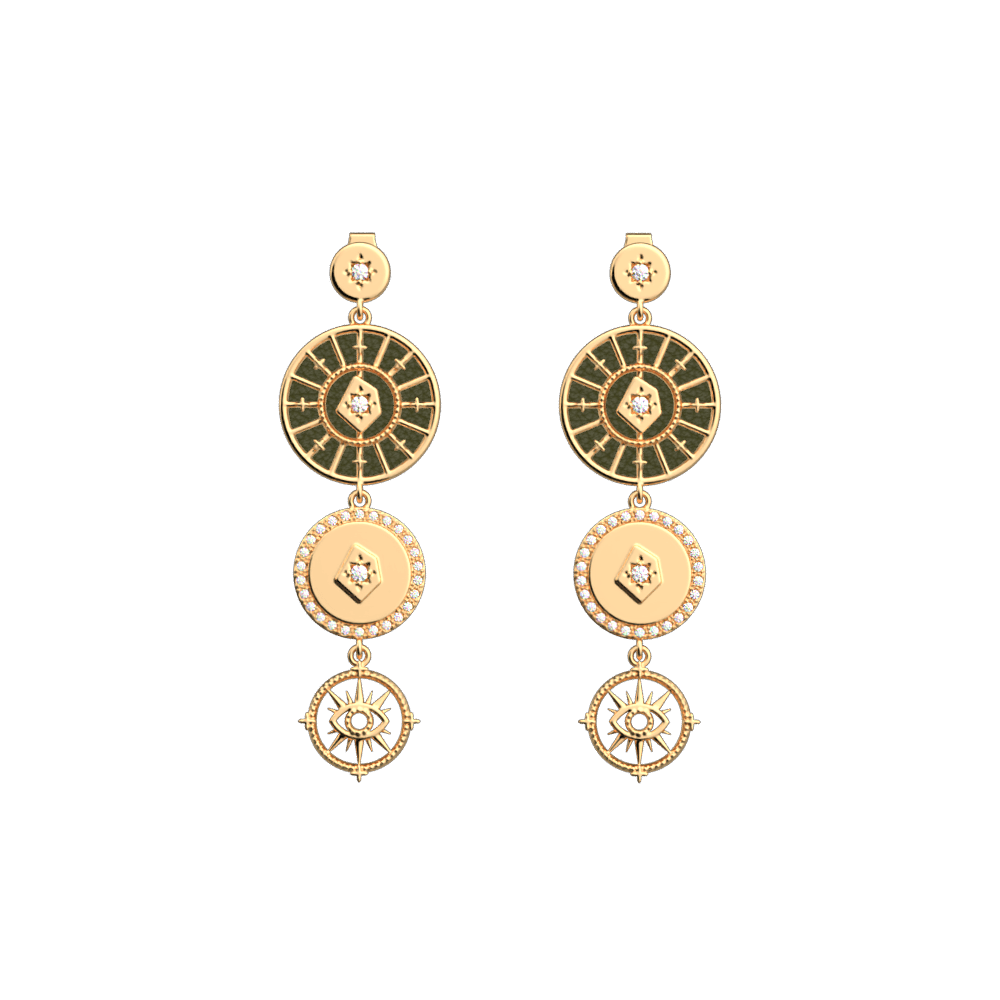 Boucles d'oreilles Astrale Pampille, cuirs réversibles Bronze Paillettes / Vert de Gris