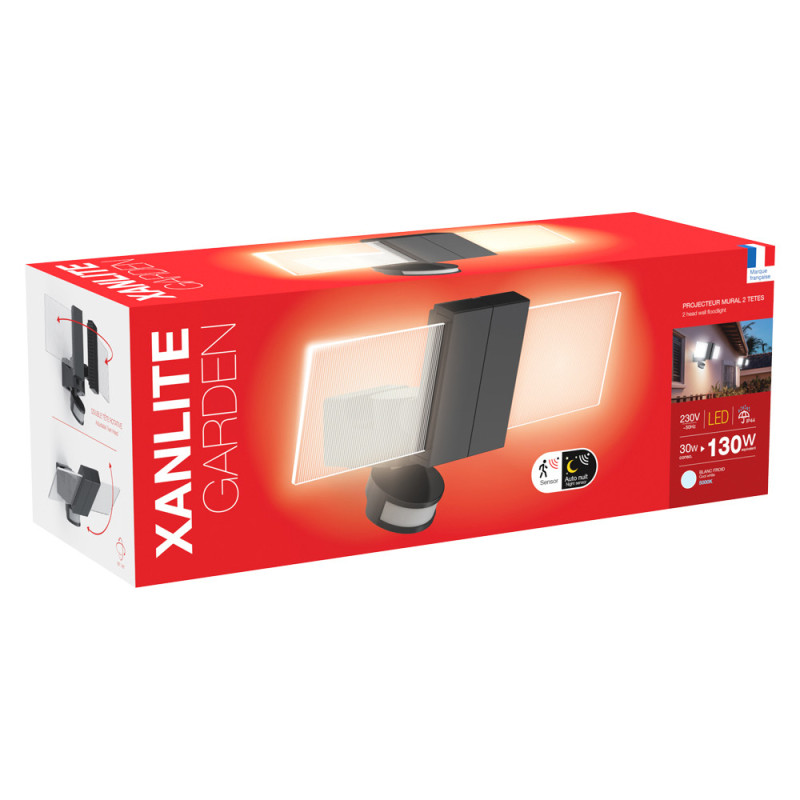 Projecteur extérieur LED avec détecteur de mouvement noir blanc froid 3000 lm 2 x 15 W XANLITE