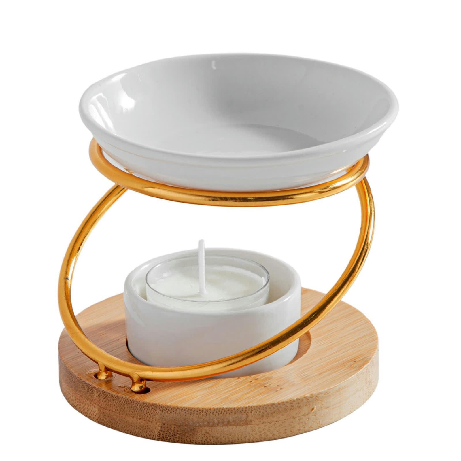 SIMPLICITY - Brûle parfum hula en métal, bambou et céramique blanche - H10cm