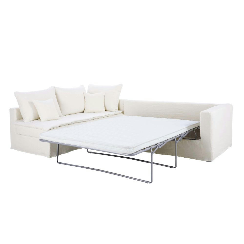 Celestin - Canapé d'angle gauche convertible 5/6 places en lin supérieur blanc, matelas 6 cm