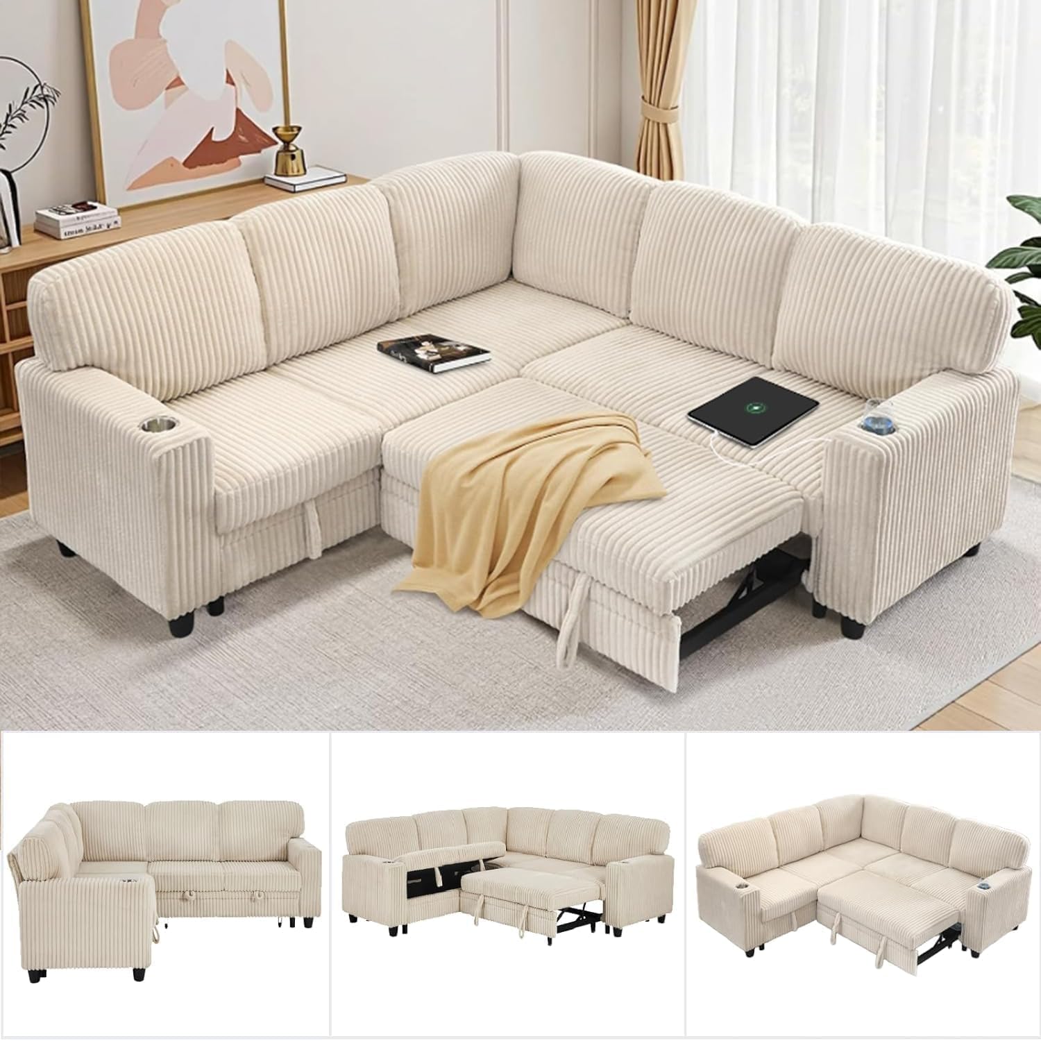 81 Modular Sectional Sofa, L Shaped 5-Seater Sleeper Sofa with Pull Out Bed, Hidden Storage, Cup Holders & USB Charging Ports, Sectional Couches for Living Room, Corduroy, Beige