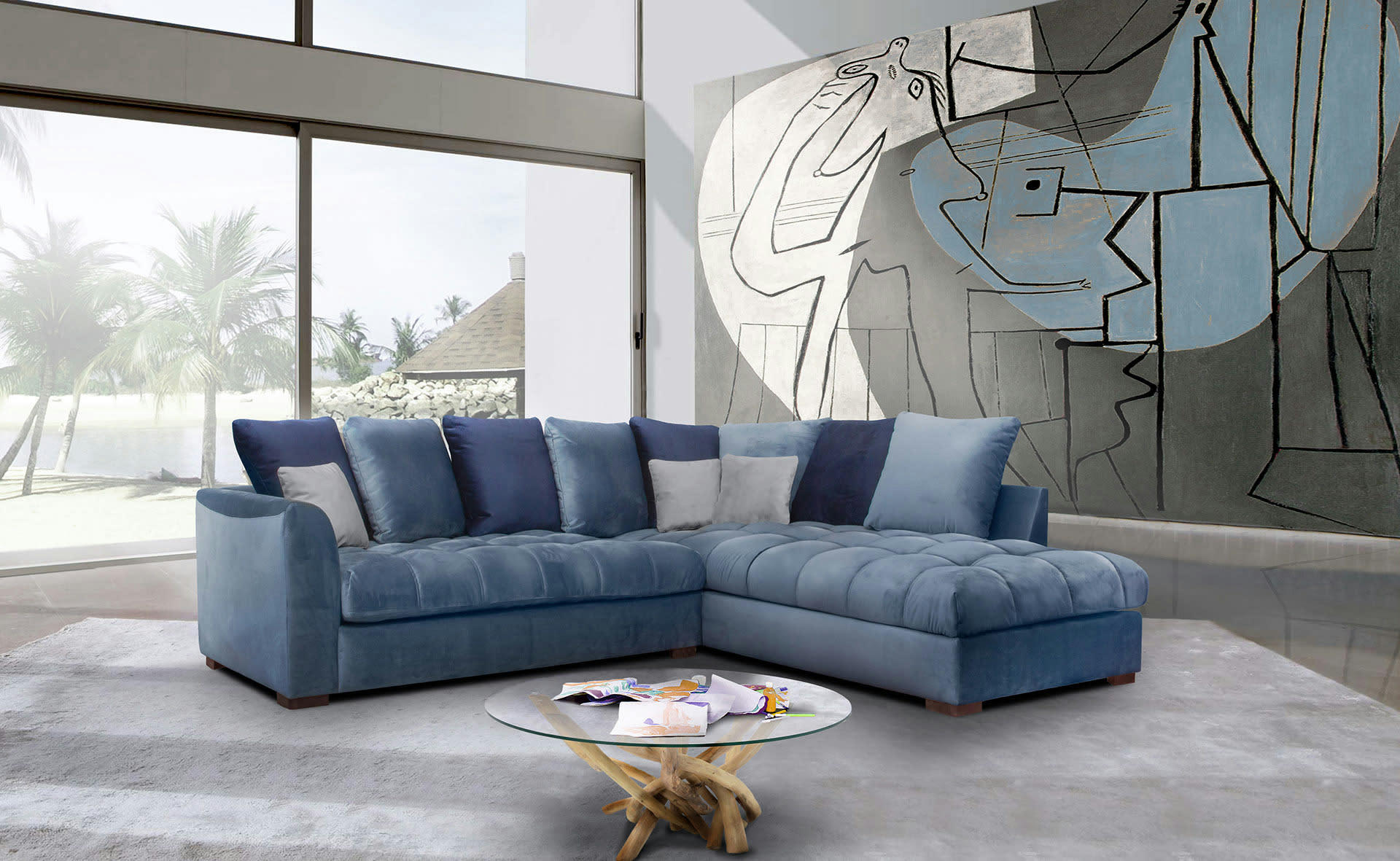 BARDI - Canapé d'angle droit 5 places tissu bleu clair