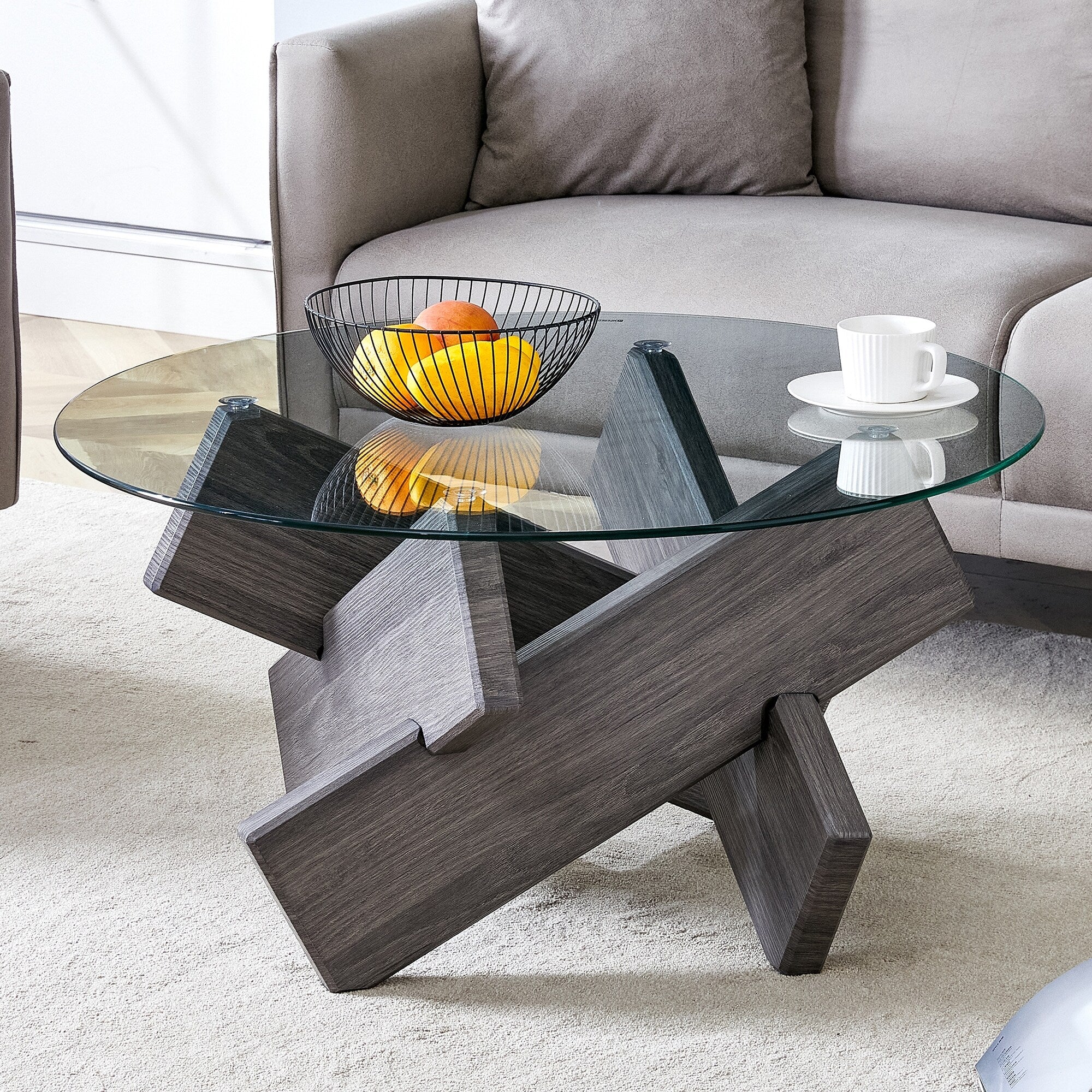 33.4 Modern Round Coffee Table with Clear Tempered Glass Top and MDF Legs for Living Room