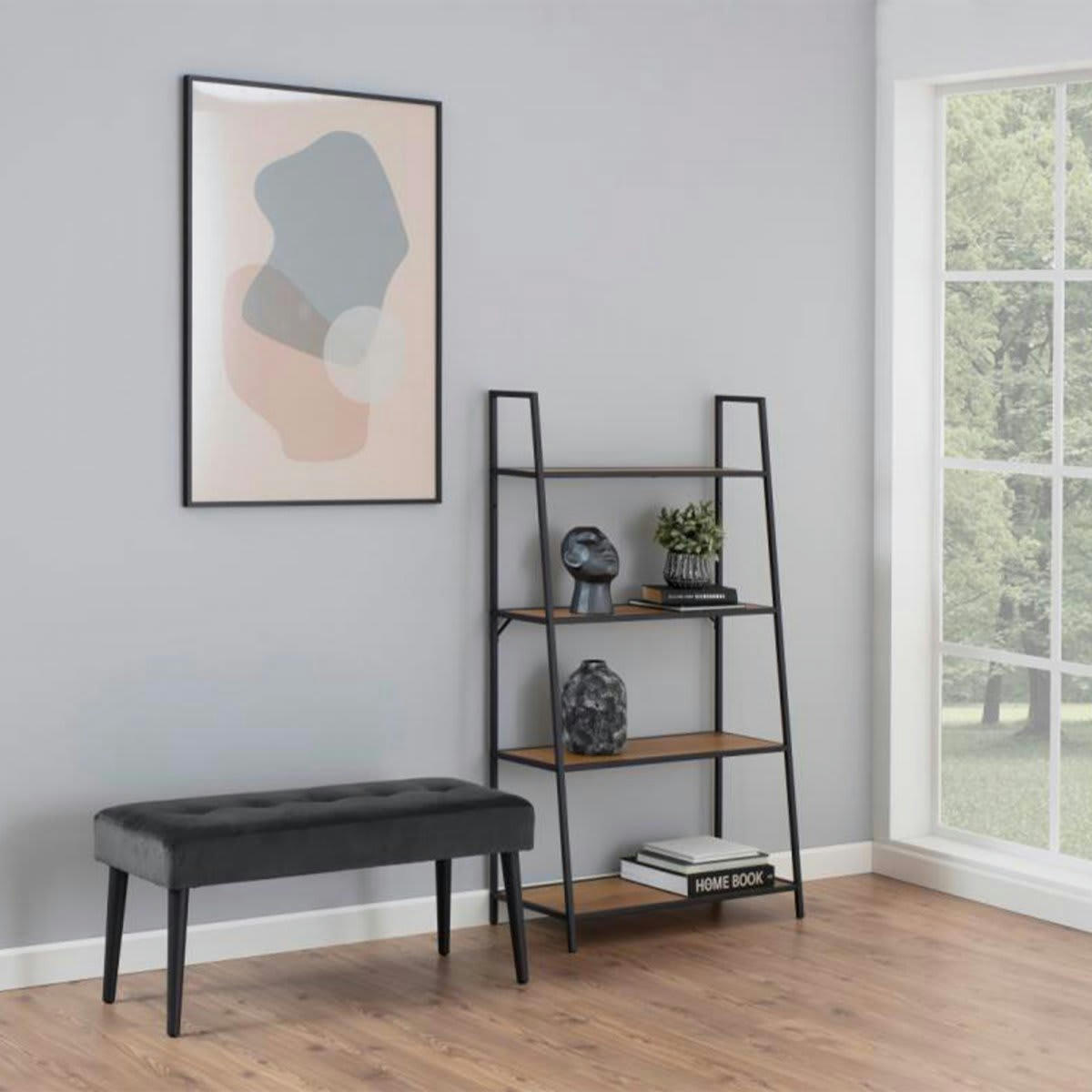 GLORE - Banc contemporain en velours matelassé et pied en métal gris