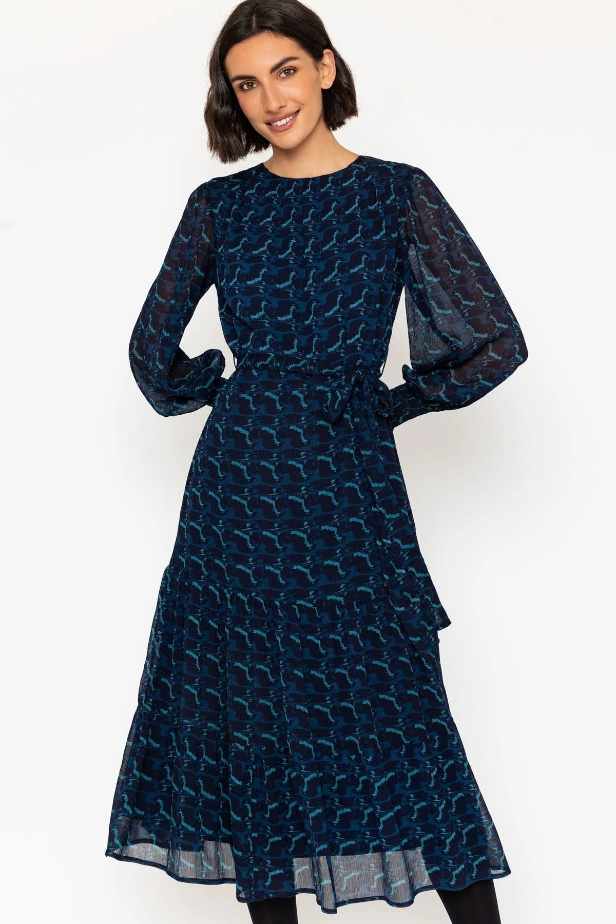 Navy Long Sleeves Boho Midi Dress