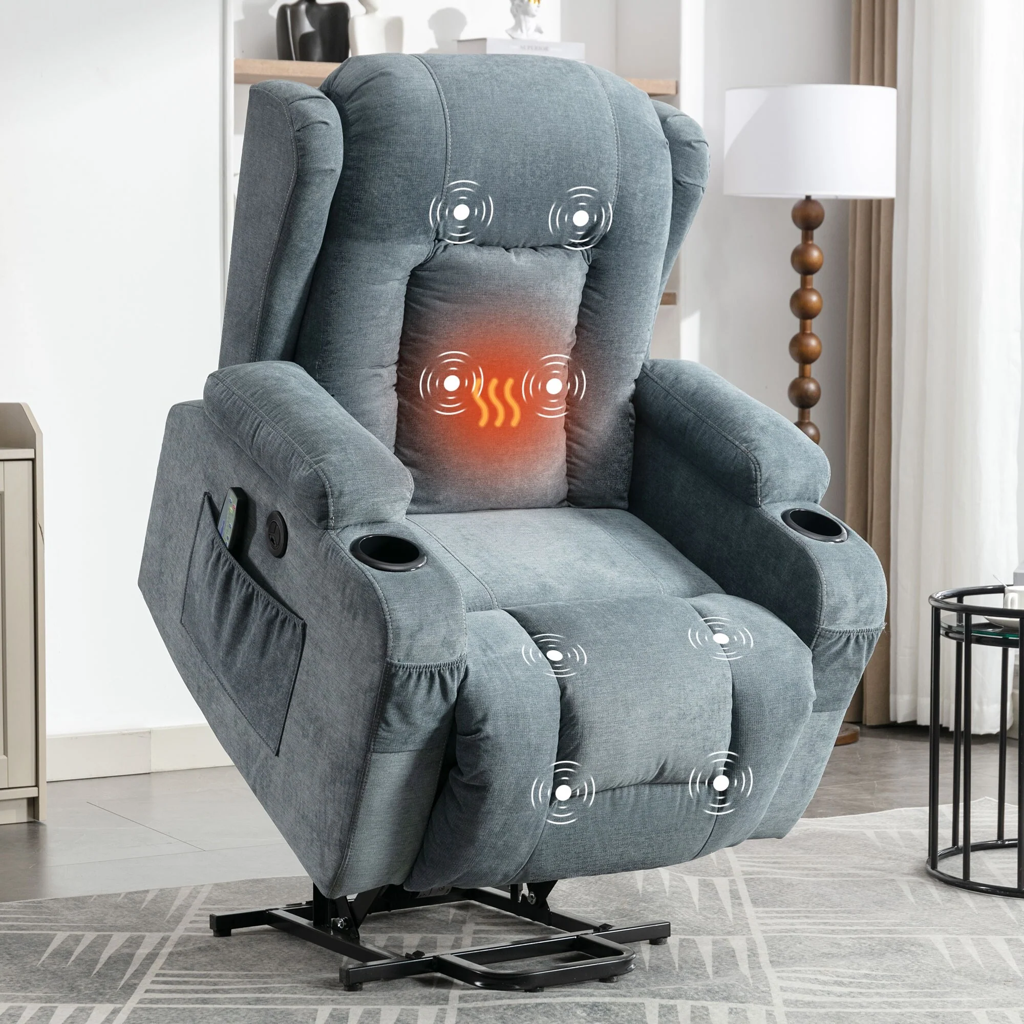 Brown Electric Power Lift Recliner with Heating, Massage, USB Charging, and Side Storage, Adjustable Recline for Elderly