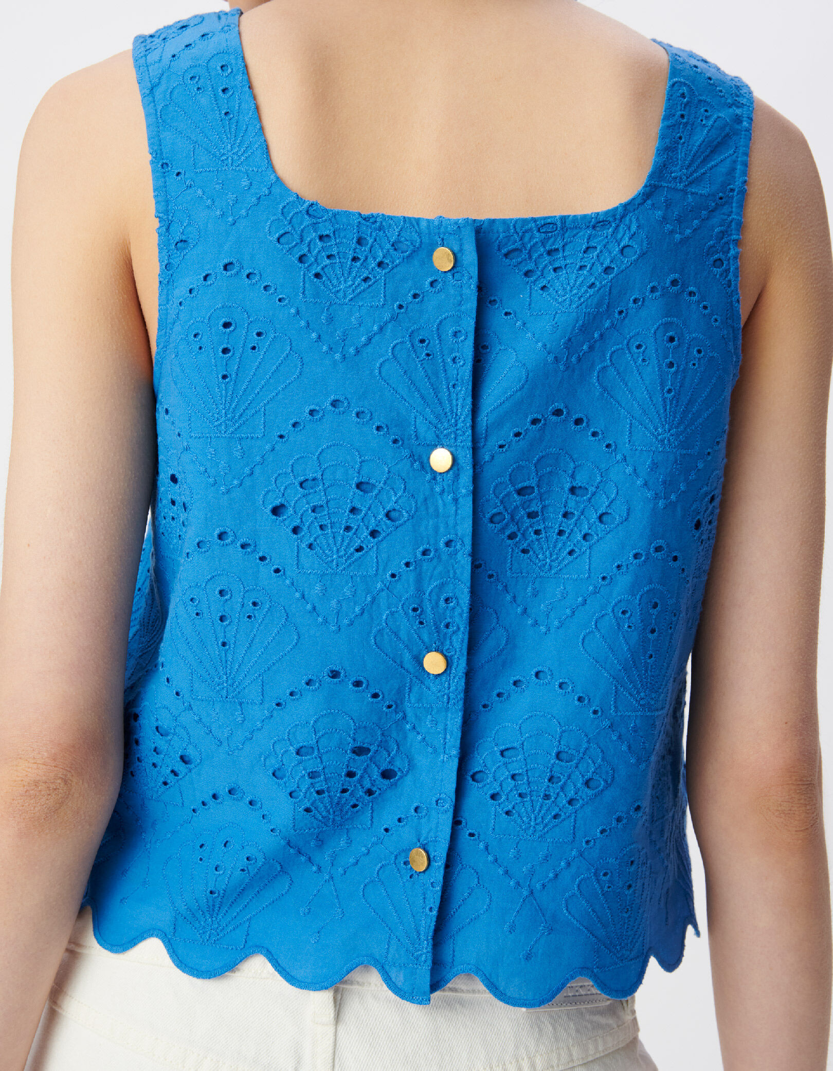 Top sans manches bleu broderie anglaise Femme