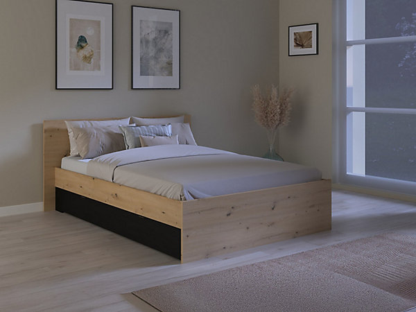 Lit avec 2 tiroirs 160 x 200 cm - Coloris : Naturelet noir - VARLY