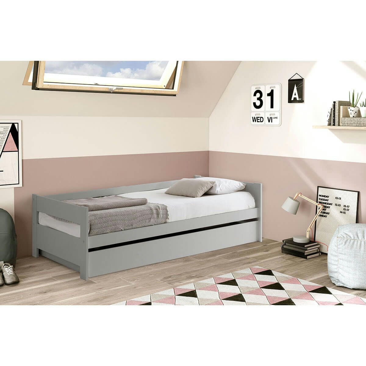 LAMOZA - Lit  90x190cm + tiroir gris clair laqué et naturel