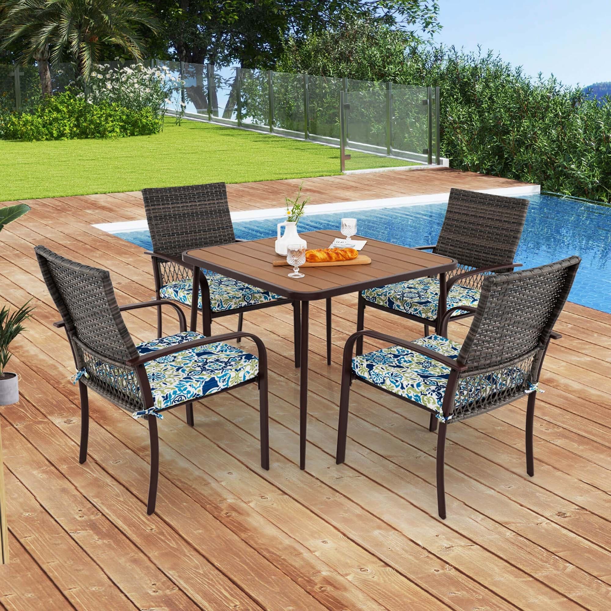 Costway 5 PCS Patio Dining Set with Wood-Plastic Tabletop & Umbrella - 5 PCS
