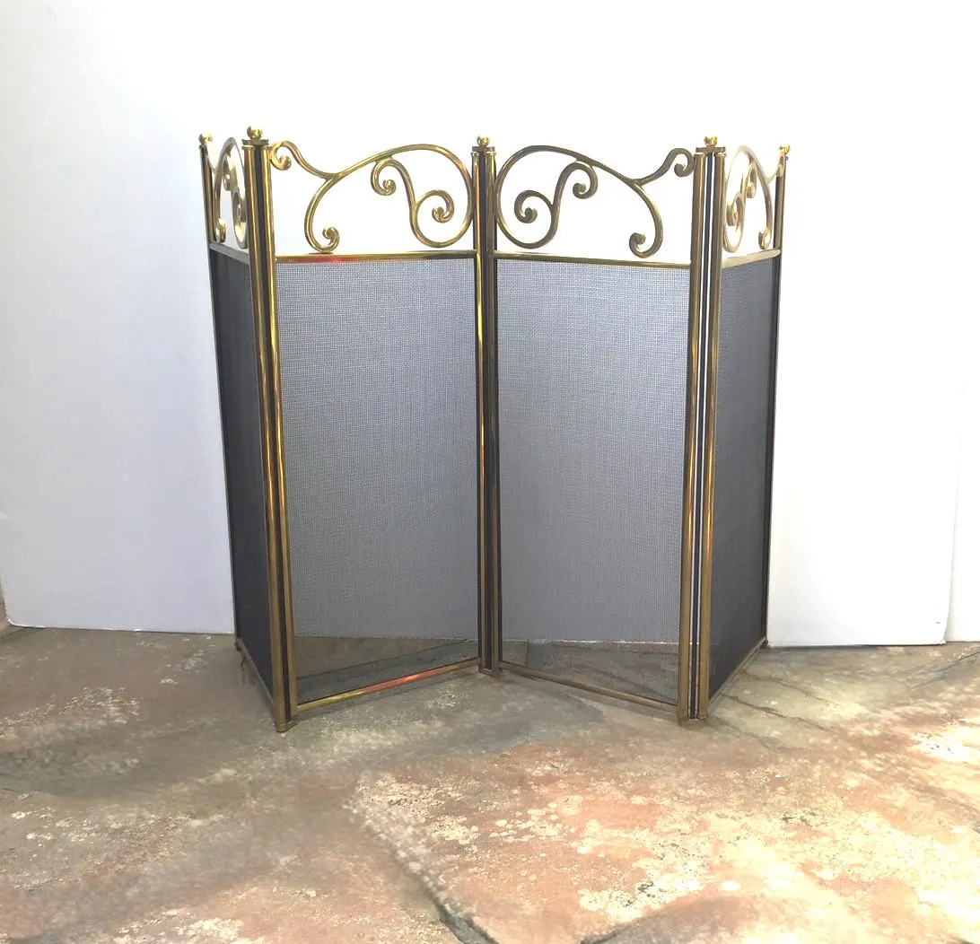 Vintage Fireplace Screen 4 Panel Folding Brasstone Scroll Black Mesh Screen Scroll Top Design Mid Century Hearth Screen Fire Place Design