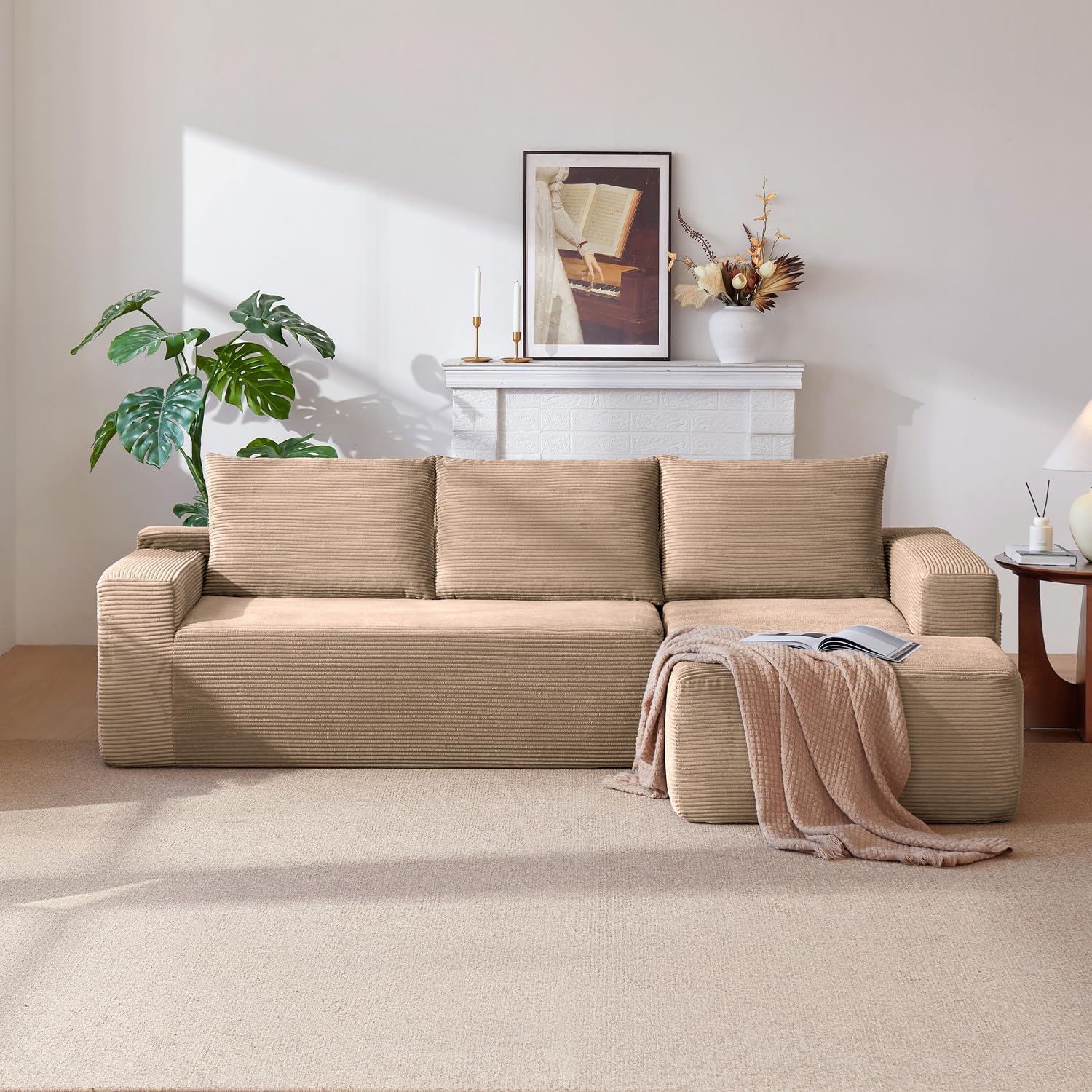 96 Inch Cloud Sectional Couch,Modern Modular Sectional Sofa with Deep Seat,Corduroy Boneless Couches with L-Shape Chaise for Living Room Bedroom,No Assembly Required (Camel, Right Facing Chaise)
