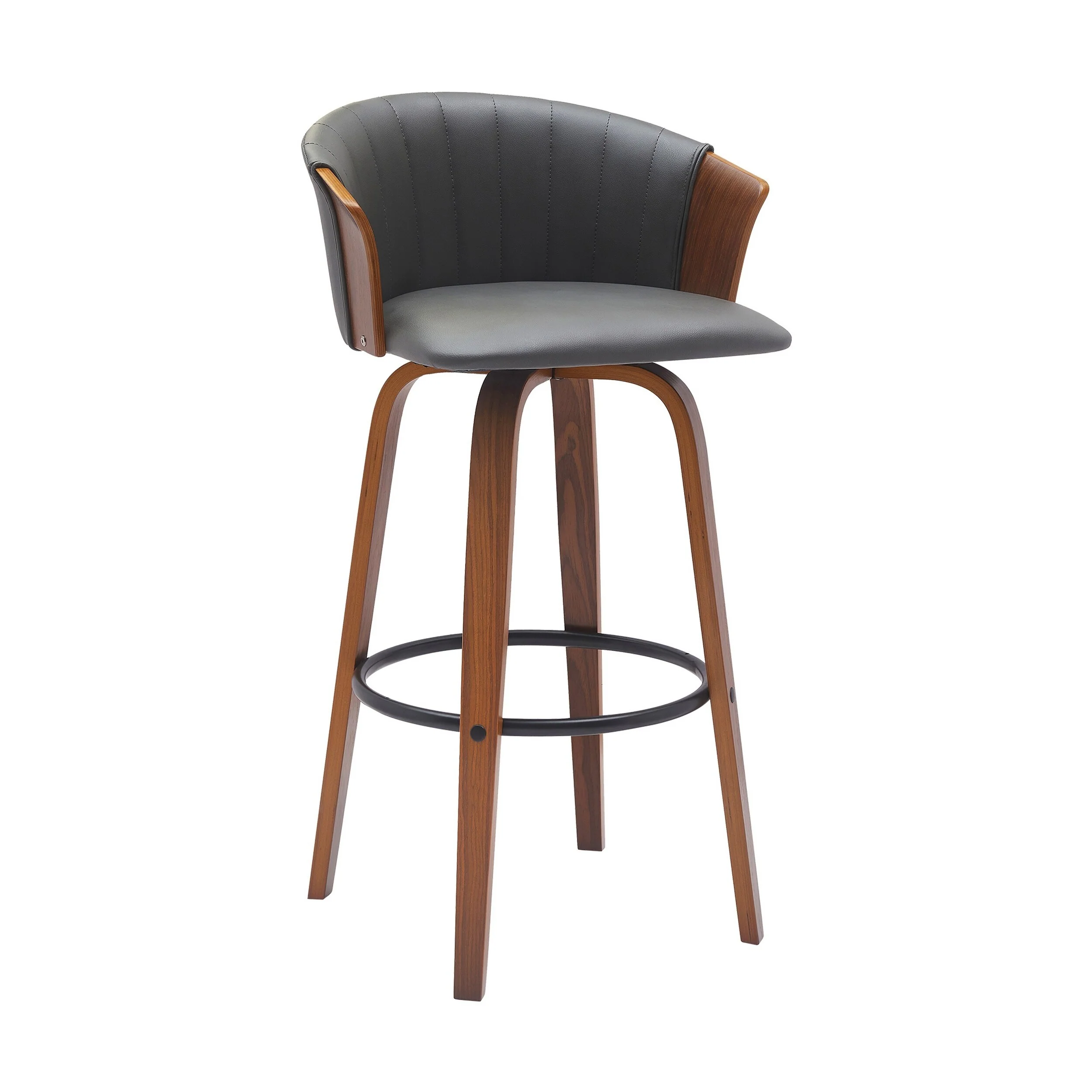 Oja 30 Inch Swivel Barstool Chair, Gray Faux Leather, Curved, Walnut Brown