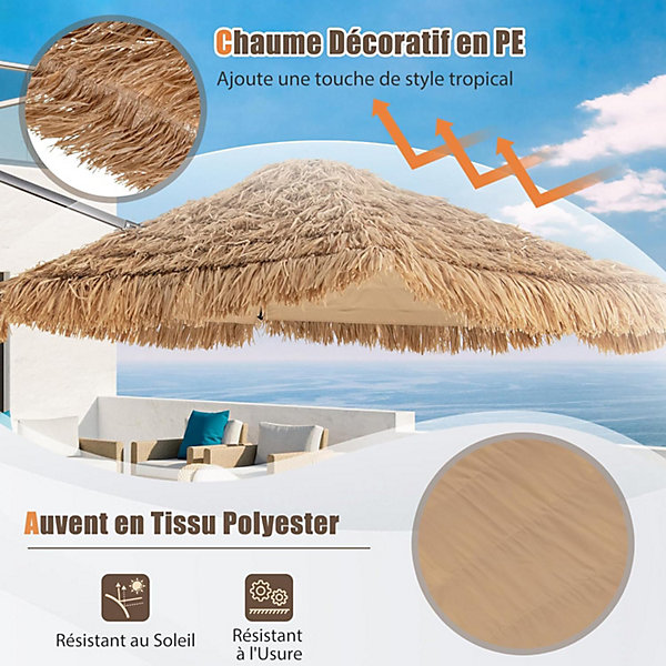 2,7M Parasol Paille en PE, Style Hawaïen Tropical, avec Double Toits, 8 Baleines, Bloquer Soleil, Base Non Incluse