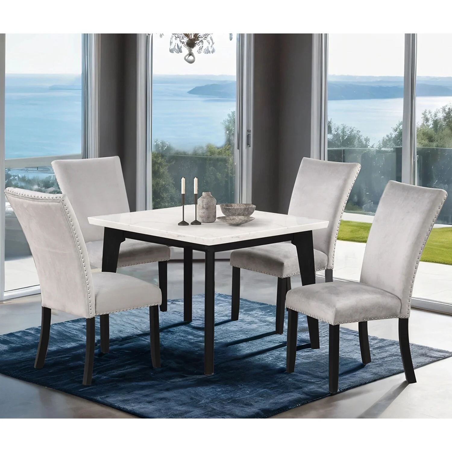 5 Piece Square Dining Set with Faux Marble Top in Black and White