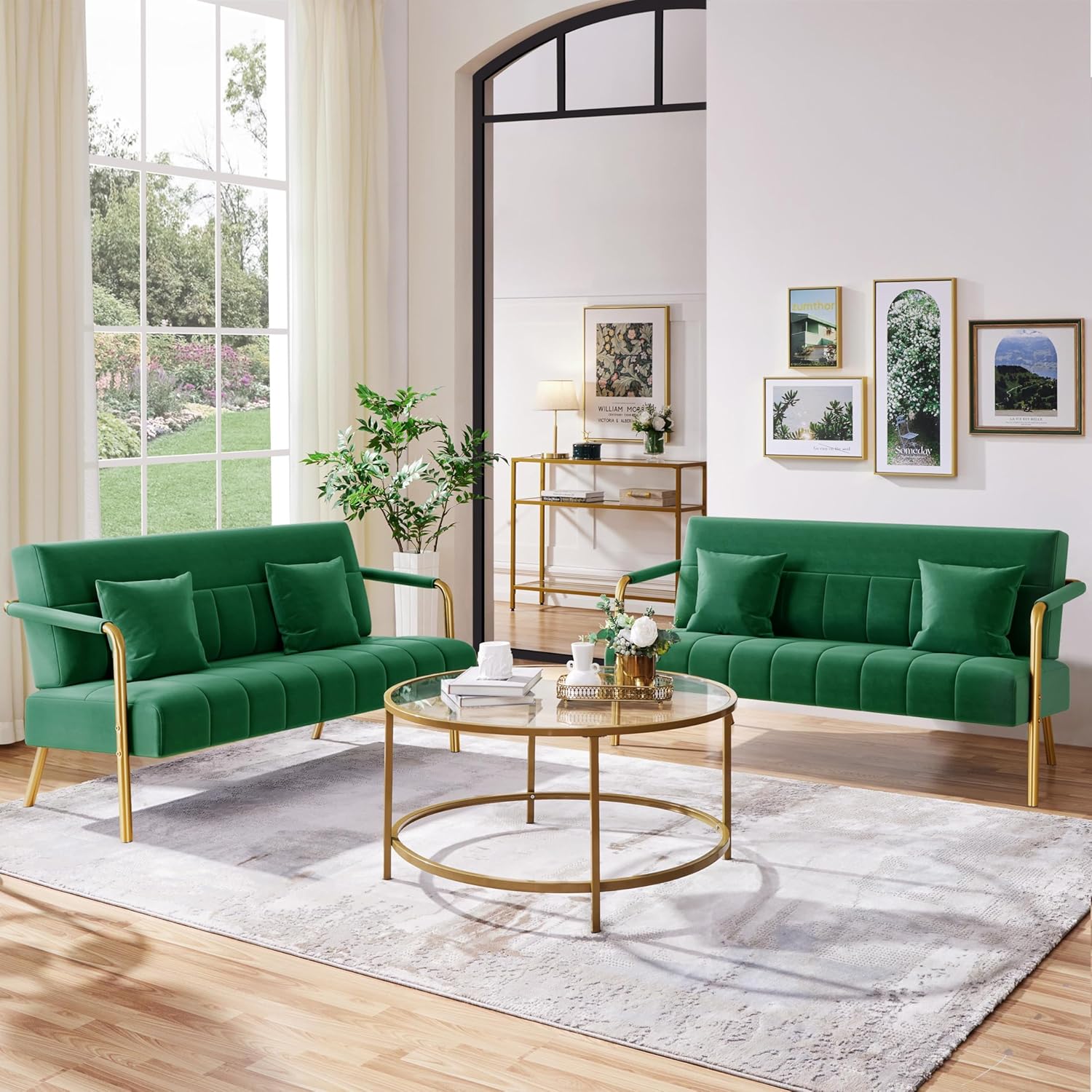 Yaheetech 56.5 W Modern Sofa Small Sofa Luxurious Velvet Fabric Couch with Gold-Tone Metal Arms and Legs for Living Room, Home Office, Studio Green