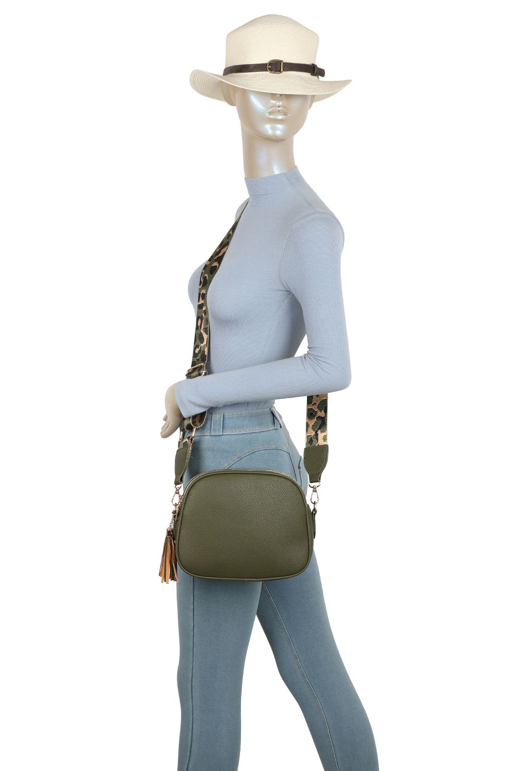 Fontanella Fashion Nela Tassol Triple Zip PU Crossbody Bag with Canvas Strap