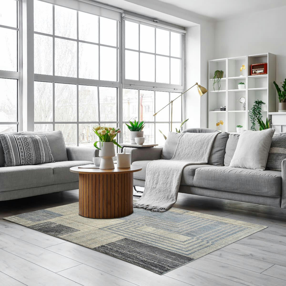 RECYCLE - Tapis extra-doux motif processeur ecru bleu 160x230